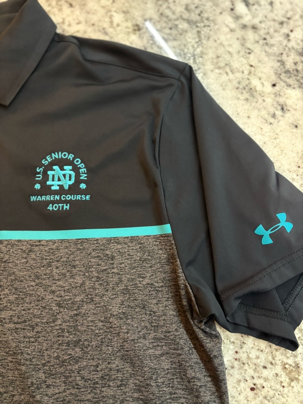 NWOT Under Armour Notre Dame Men's Black & Teal Golf Polo - U.S. Senior Open